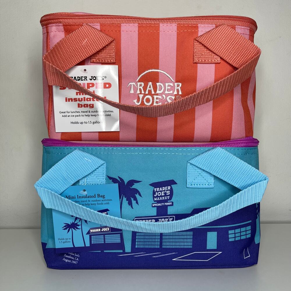 SET of 2! Trader Joe’s Mini Insulated Cooler Bags Summer ICE BLUE + STRIPED PINK
